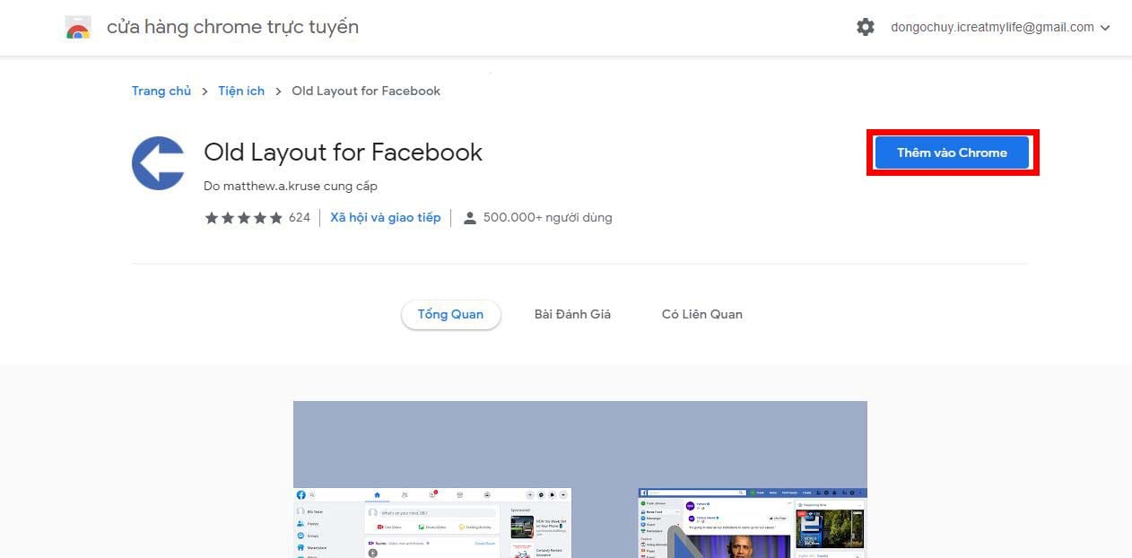 cài đặt tiện ích mở rộng Old Layout for Facebook