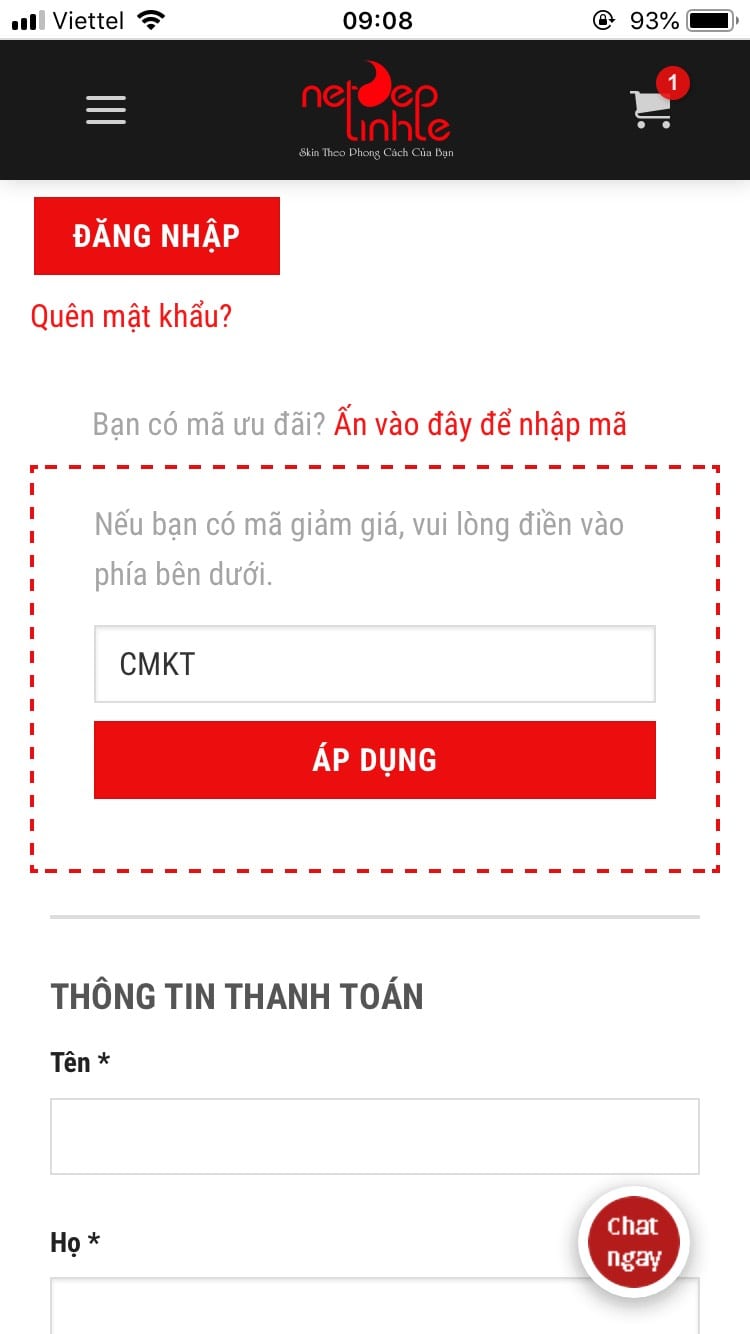 áp dụng mã giảm giá khai trương